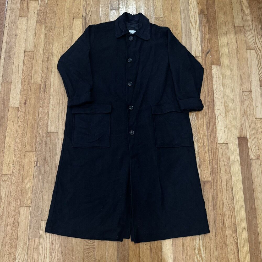 Flax By Engelhart Coat Womens Medium Black Wool Pocket Long Duster Overcoat full